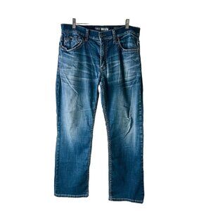 BKE Buckle Jacket Bootleg Bootcut Thick Stitched Denim Blue Jeans Mens 36 Short